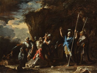 Escena de la historia griega: El hijo sordomudo del rey Creso impide que los persas maten a su padre de Salvator Rosa